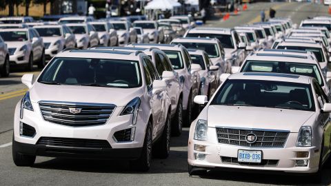 Pink Cadillacs line up outside Greater Grace Temple, the site of Franklin's funeral Friday.