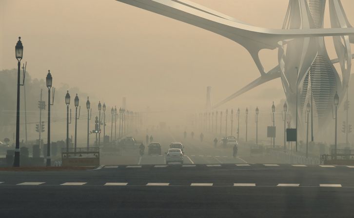 Raj Ghat, Delhi. Najmus Chowdhry, project architect at Dubai-based Znera Space, says the dystopic images show a hypothetical solution alongside "the future the city would see if nothing happens now" to address pollution.