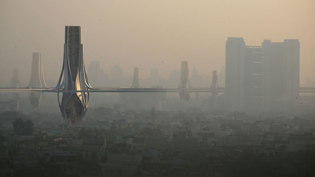 A rendering of a smog-filled Delhi with 328 feet-high filter towers. The award-nominated proposal, called "The Smog Project," is a provocative look at how the city could alleviate its pollution problem.