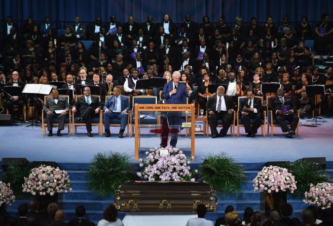 Former US President Bill Clinton praised the values and virtues Franklin lived by and said, "She cared about broken people." <a  target="_top" href="/newspapers?url=https://www.cnn.com/entertainment/live-news/aretha-franklin-funeral/h_e734a88d32c80b47283eeb361009420f" target="_blank">He then put his phone to the microphone and played Franklin's 1968 hit "Think,"</a> which features Franklin singing about freedom.