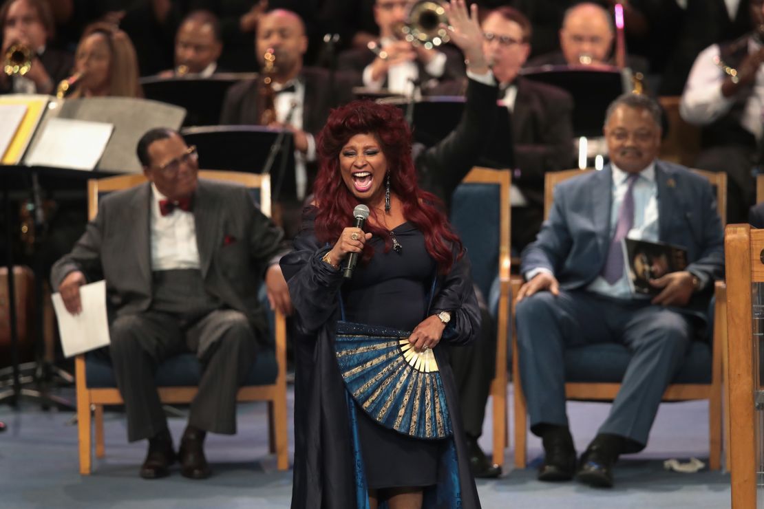 Singer Chaka Khan performs at the funeral for Aretha Franklin.