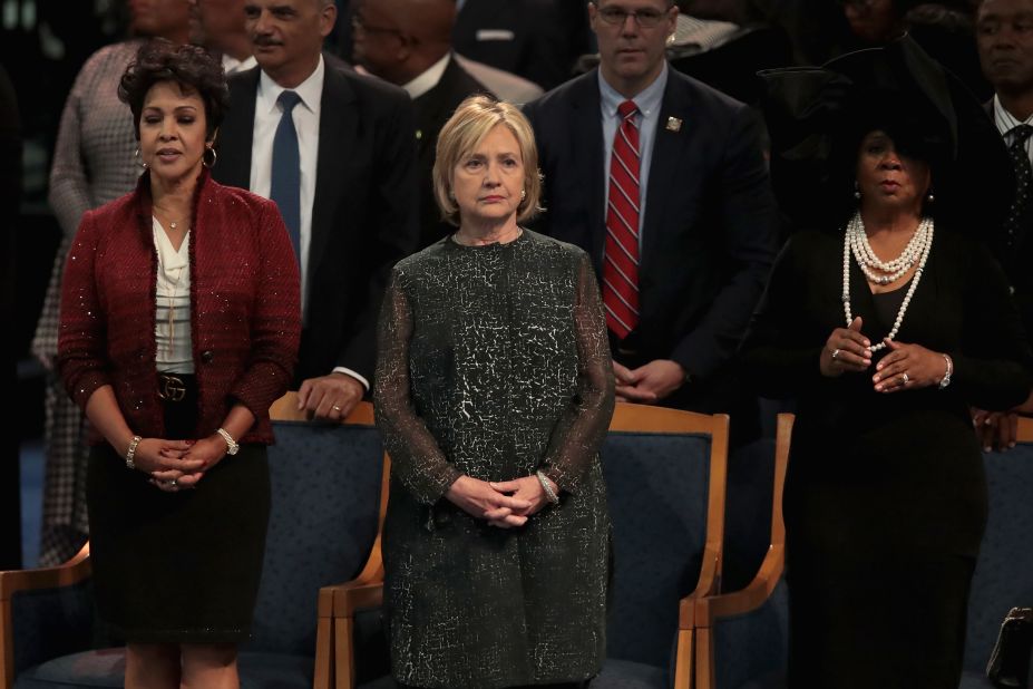 Former Secretary of State Hillary Clinton attends Franklin's funeral on Friday.