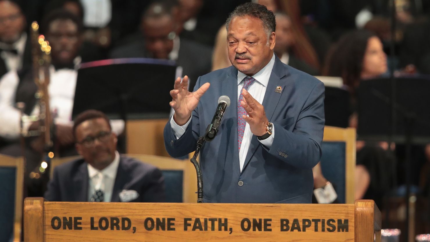 Rev. Jesse Jackson speaks at the funeral for Aretha Franklin at the Greater Grace Temple on August 31, 2018, in Detroit, Michigan. Franklin died at the age of 76 at her home in Detroit on August 16. 