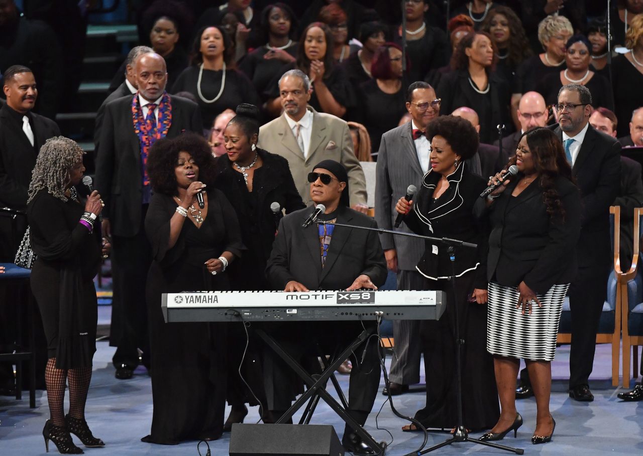 Stevie Wonder performs at Franklin's funeral on Friday. He began by playing the harmonica before singing, "I'll Be Loving You Always."