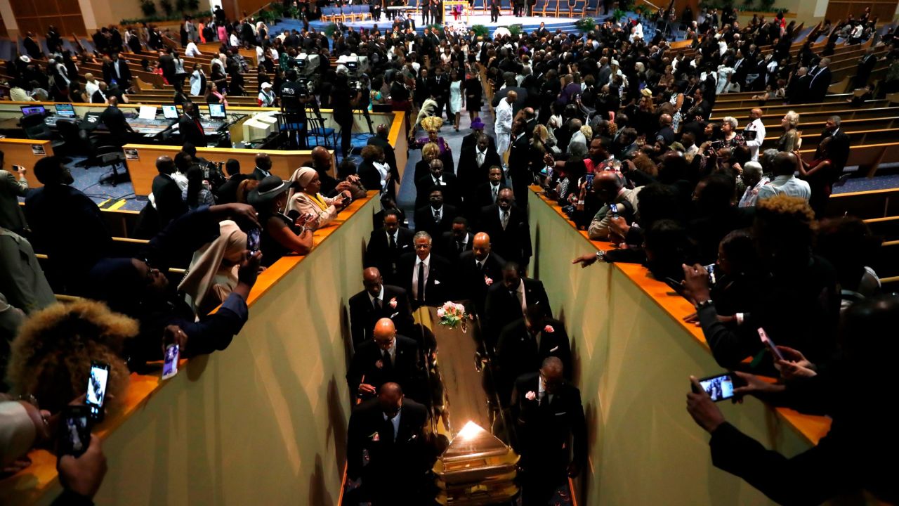 Pallbearers carry the casket out of Greater Grace Temple at the end of the funeral for Aretha Franklin, Friday, Aug. 31, 2018, in Detroit. Franklin died Aug. 16, 2018 of pancreatic cancer at the age of 76. (AP Photo/Jeff Roberson)