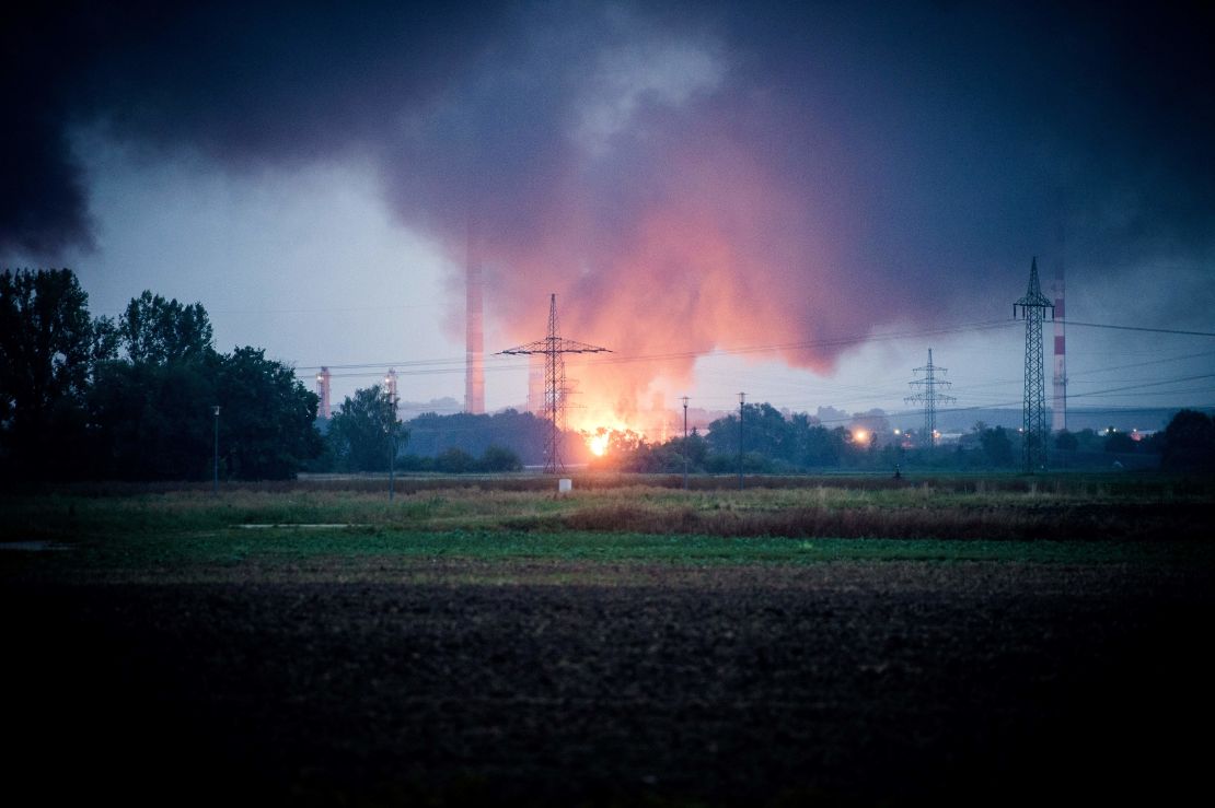 A fire burns at the site of the refinery in Vohburg early Saturday.
