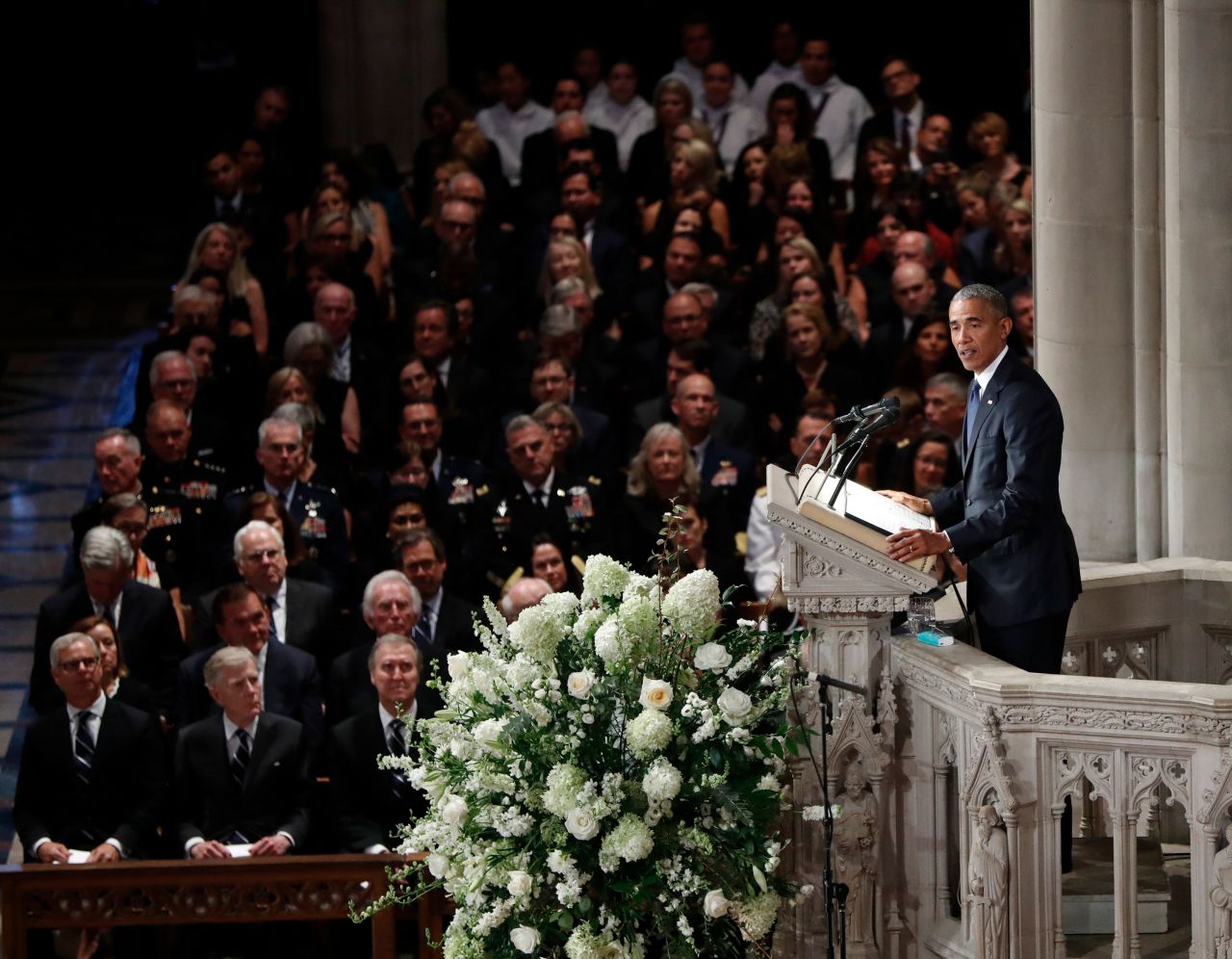 Former President Barack Obama delivered a eulogy and <a href="https://www.cnn.com/2018/09/01/politics/obama-eulogy-john-mccain-funeral/index.html" target="_blank">praised McCain's efforts</a> to push the nation to rise above "mean and petty" politics. "So much of our politics, our public life, our public discourse can seem small and mean and petty, trafficking in bombast and insult, and phony controversies, and manufactured outrage," Obama said. "It's a politics that pretends to be brave and tough, but in fact is born of fear. John called on us to be bigger than that. He called on us to be better than that."