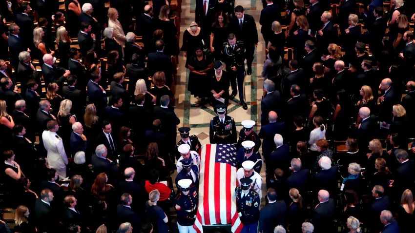The family of Sen. John McCain, R-Ariz., follows as his casket is carried at the end of a memorial service at Washington National Cathedral in Washington, Saturday, Sept. 1, 2018. McCain died Aug. 25, from brain cancer at age 81. (AP Photo/Pablo Martinez Monsivais)