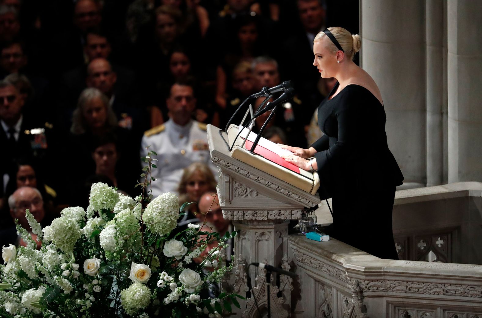 Meghan McCain <a href="index.php?page=&url=https%3A%2F%2Fwww.cnn.com%2F2018%2F09%2F01%2Fpolitics%2Fmeghan-mccain-john-mccain-funeral%2Findex.html" target="_blank">pays tribute to her father</a> during the service. "We gather here to mourn the passing of American greatness, the real thing, not cheap rhetoric from men who will never come near the sacrifice he gave so willingly, nor the opportunistic appropriation of those who live lives of comfort and privilege while he suffered and served," she said. 