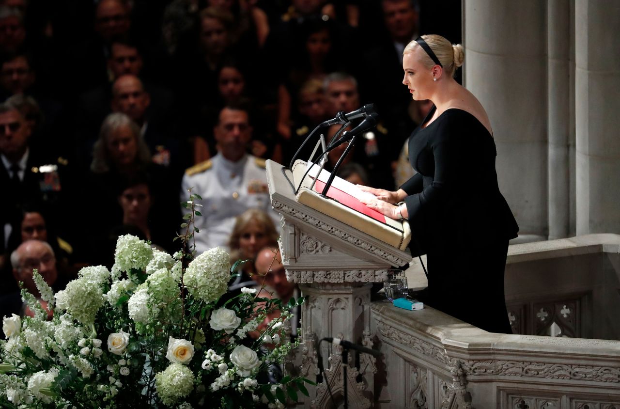 Meghan McCain <a href="https://www.cnn.com/2018/09/01/politics/meghan-mccain-john-mccain-funeral/index.html" target="_blank">pays tribute to her father</a> during the service. "We gather here to mourn the passing of American greatness, the real thing, not cheap rhetoric from men who will never come near the sacrifice he gave so willingly, nor the opportunistic appropriation of those who live lives of comfort and privilege while he suffered and served," she said. 