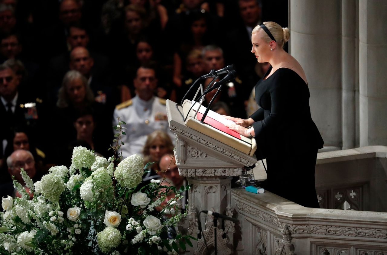 Meghan McCain <a href="https://www.cnn.com/2018/09/01/politics/meghan-mccain-john-mccain-funeral/index.html" target="_blank">pays tribute to her father</a> during the service. "We gather here to mourn the passing of American greatness, the real thing, not cheap rhetoric from men who will never come near the sacrifice he gave so willingly, nor the opportunistic appropriation of those who live lives of comfort and privilege while he suffered and served," she said.