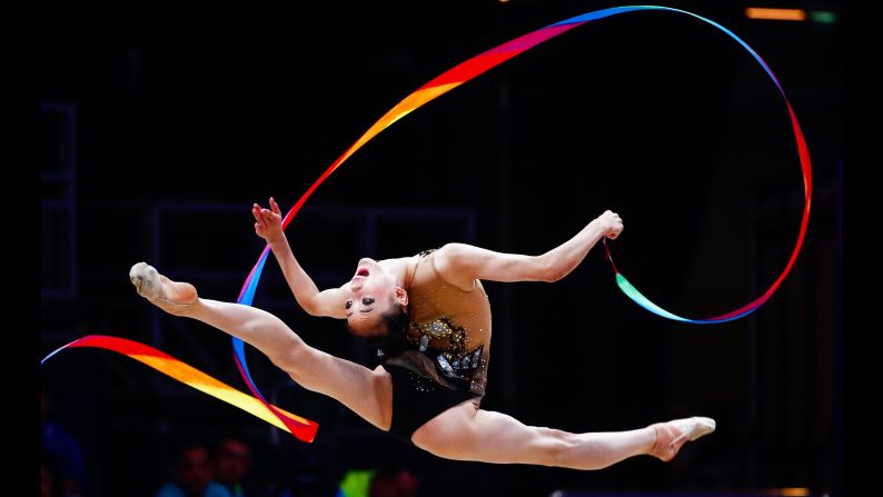 North Korea's Ri Un-yong performs during the individual ribbon final of the rhythmic gymnastics events at the Asian Games in Jakarta, Indonesia, on Tuesday, August 28.