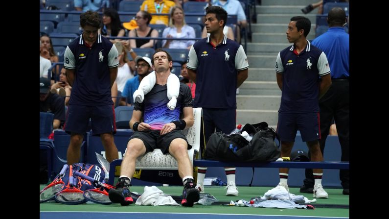 Great Britain's Andy Murray takes a break during the US Open men's singles match on Wednesday, August 29.