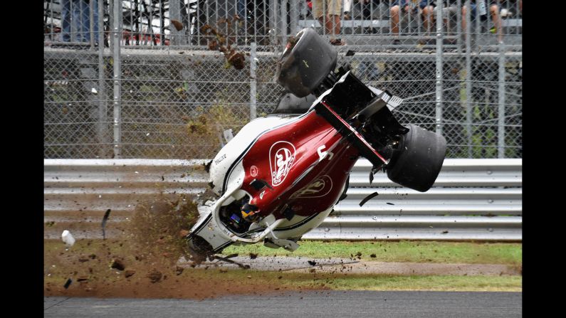 Marcus Ericsson of Sweden crashes during practice for the Formula One Grand Prix of Italy on Friday, August 31.
