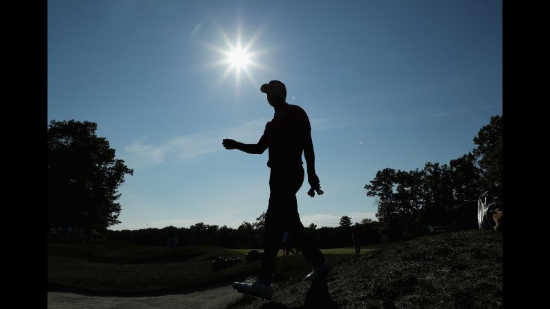 Tiger Woods walks to the 14th tee box during round two of the Dell Technologies Championship on Saturday, September 1.