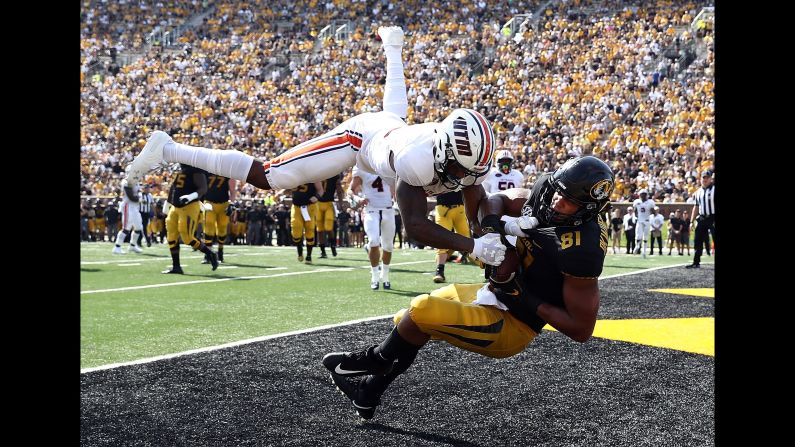 Defensive back Andrew Horton-Martindale of the Tennessee Martin Skyhawks breaks up a pass intended for tight end Albert Okwuegbunam of the Missouri Tigers during the game on Saturday, September 1.