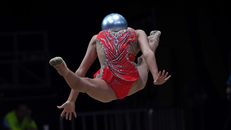 China's Zhao Yating competes with the ball in the women's rhythmic gymnastics individual all-around event at the Asian Games on Tuesday, August 28.