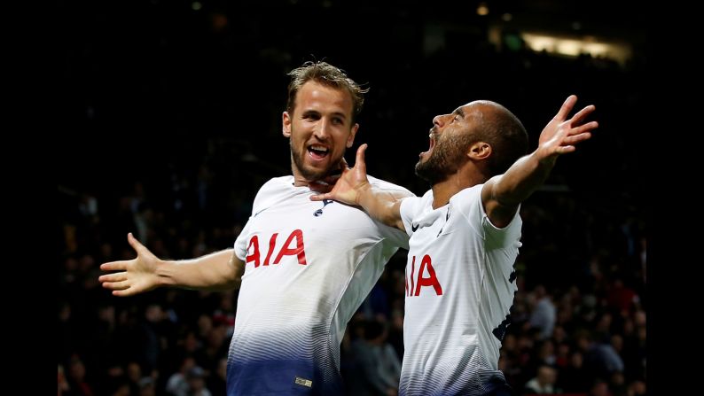 Tottenham's Lucas Moura celebrates scoring the team's third goal with Harry Kane on Monday, August 27.