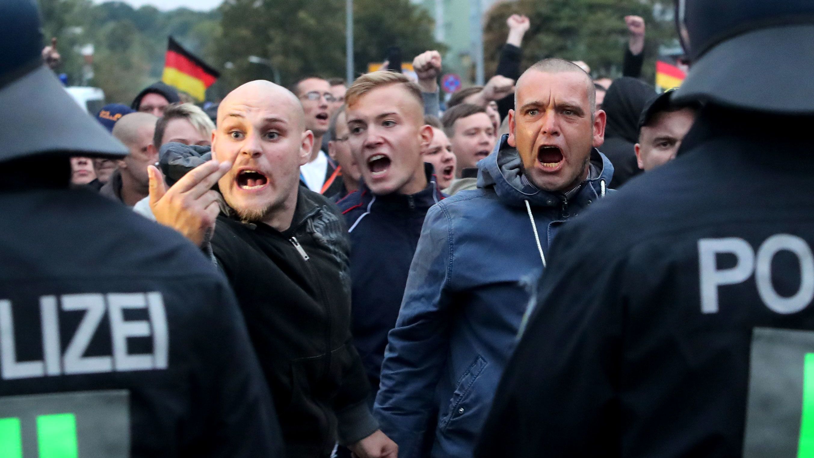 Right-wing protesters confront policemen during a demonstration in Chemnitz Saturday. 