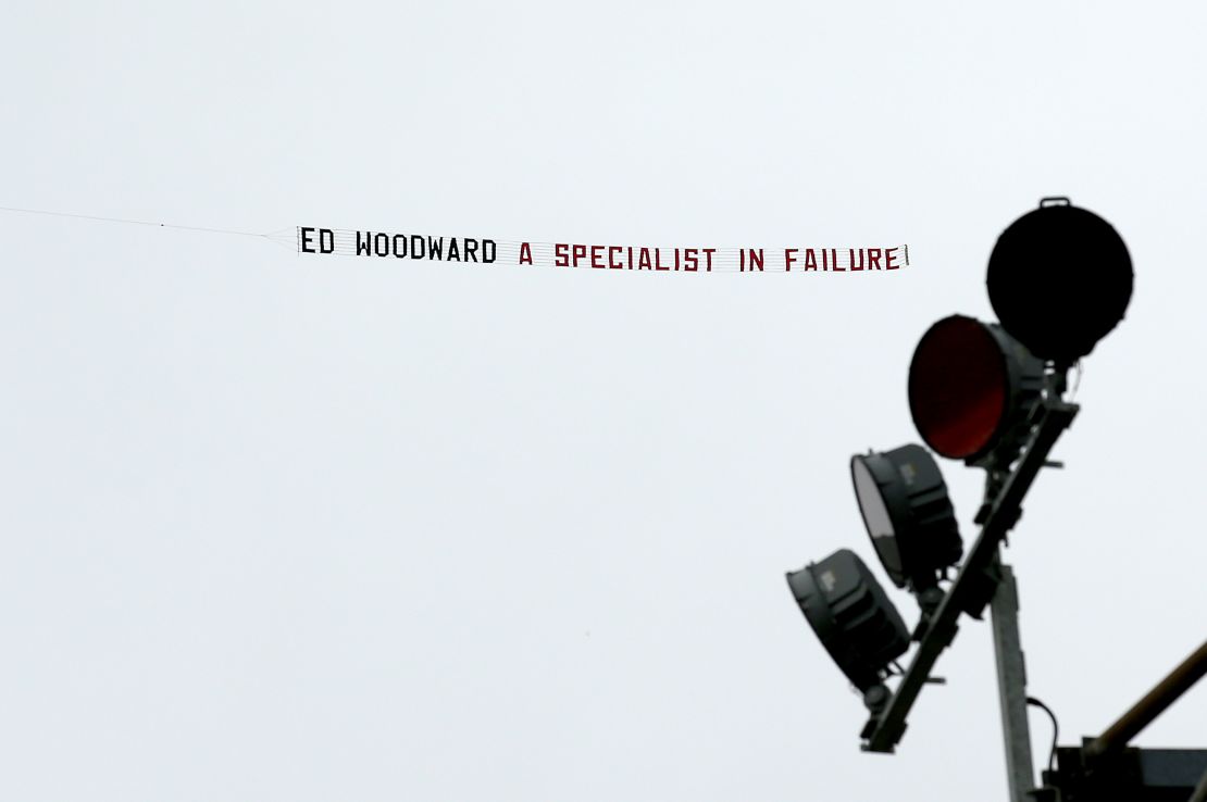 A banner reading 'Ed Woodward a specialist in failure!' is flown over the stadium prior to the Premier League match between Burnley FC and Manchester United at Turf Moor on September 2, 2018.