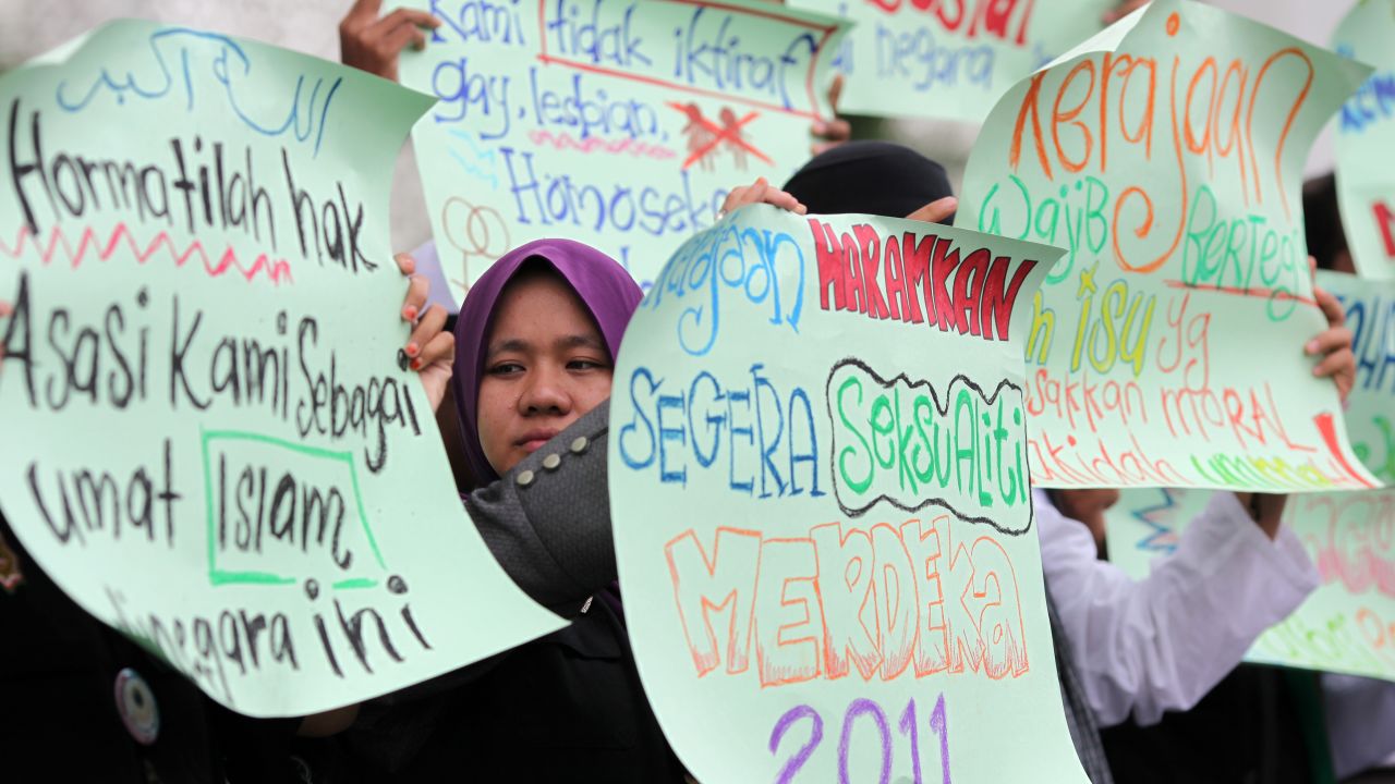 Protesters raise placards during a pro-LGBT protest in Shah Alam, near Kuala Lumpur in 2011.