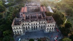 Drone view of Rio de Janeiro's treasured National Museum, one of Brazil's oldest, on September 3, 2018, a day after a massive fire ripped through the building. - The majestic edifice stood engulfed in flames as plumes of smoke shot into the night sky, while firefighters battled to control the blaze that erupted around 2230 GMT. Five hours later they had managed to smother much of the inferno that had torn through hundreds of rooms, but were still working to extinguish it completely, according to an AFP photographer at the scene. (Photo by Mauro Pimentel / AFP)        (Photo credit should read MAURO PIMENTEL/AFP/Getty Images)