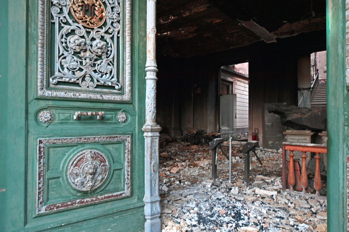 View of the entrance to the National Museum in Rio de Janeiro a day after a massive fire ripped through the building.