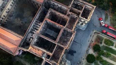 An aerial view of Rio de Janeiro's treasured National Museum a day after a massive fire ripped through the building.