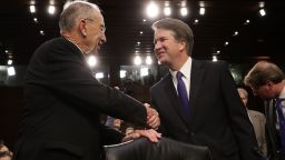 WASHINGTON, DC - SEPTEMBER 04:  Supreme Court nominee Judge Brett Kavanaugh (R) is greeted by committee chairman Sen. Chuck Grassley (R-IA) as Kavanaugh arrives for testimony before the Senate Judiciary Committee during his Supreme Court confirmation hearing in the Hart Senate Office Building on Capitol Hill September 4, 2018 in Washington, DC. Kavanaugh was nominated by President Donald Trump to fill the vacancy on the court left by retiring Associate Justice Anthony Kennedy.  (Photo by Drew Angerer/Getty Images)