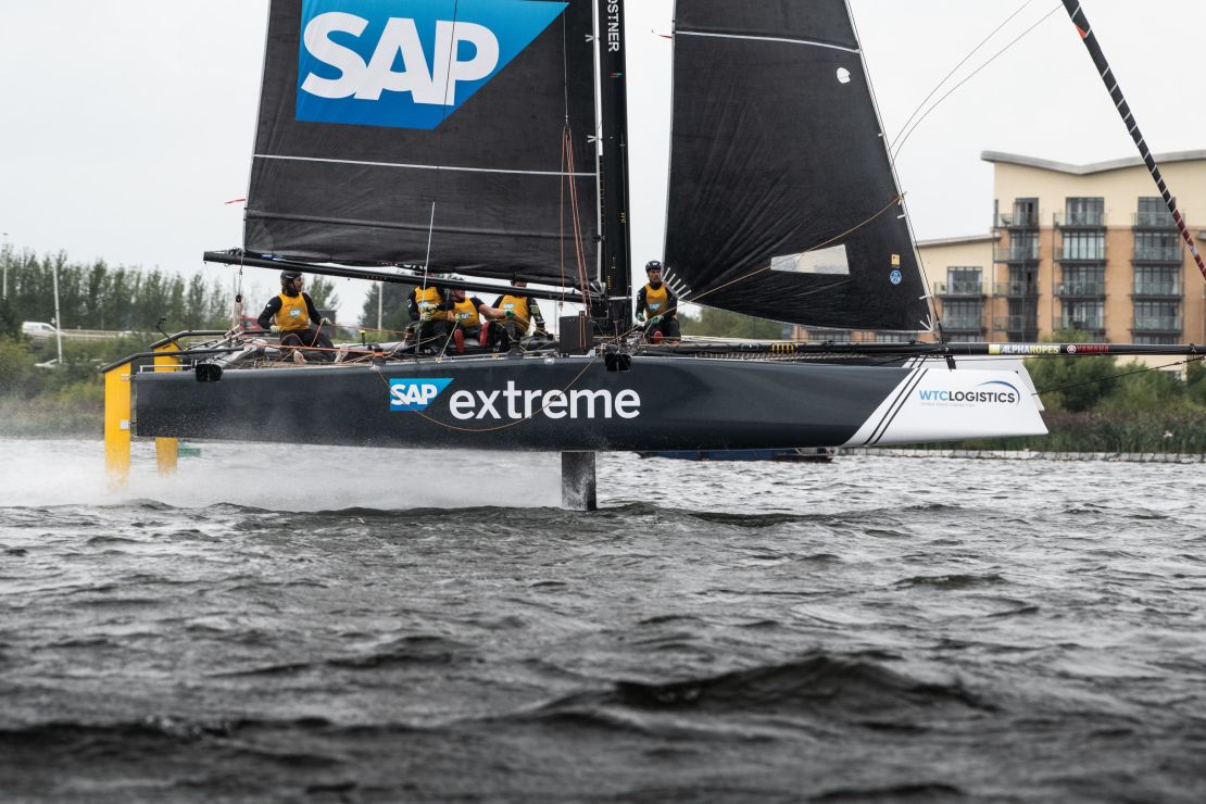 The SAP Extreme Sailing team flying across Cardiff Bay. 