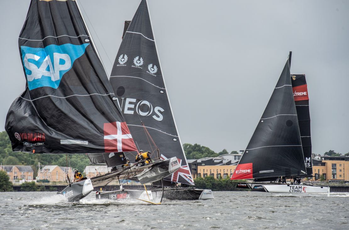 The five-man strong Extreme Sailing crew are directed by the helmsman and have to work closely together as they navigate the boat around a very compact course.