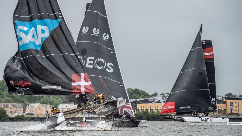 The five-man strong Extreme Sailing crew are directed by the helmsman and have to work closely together as they navigate the boat around a very compact course.