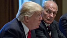John Kelly, White House chief of staff, listens as U.S. President Donald Trump, left, speaks during a briefing with senior military leaders in the Cabinet Room of the White House in Washington, D.C., U.S., on Thursday, Oct. 5, 2017. Defense Secretary Jim Mattis said this week the U.S. and allies are holding the line against the Taliban in Afghanistan as forecasts of a significant offensive by the militants remain unfulfilled. Photographer: Andrew Harrer/Bloomberg via Getty Images