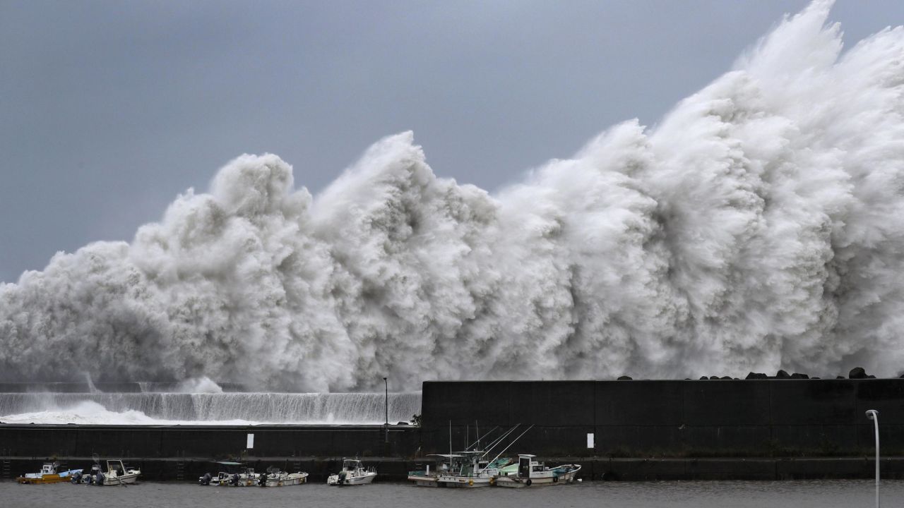 High waves hit breakwaters at a port in Aki, Kochi prefecture, in western Japan.