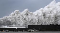 High waves hit breakwaters at a port of Aki, Kochi prefecture, western Japan, Tuesday Sept. 4, 2018. Powerful Typhoon Jebi is approaching Japan's Pacific coast and forecast to bring heavy rain and high winds to much of the country. (Ichiro Banno/Kyodo News via AP)