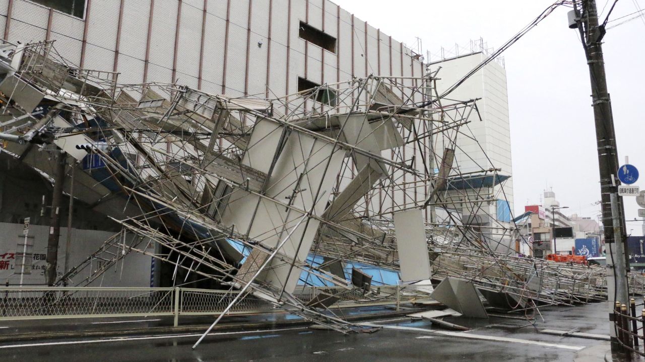 Building scaffolding lays collapsed after a powerful typhoon hit Osaka, in western Japan.