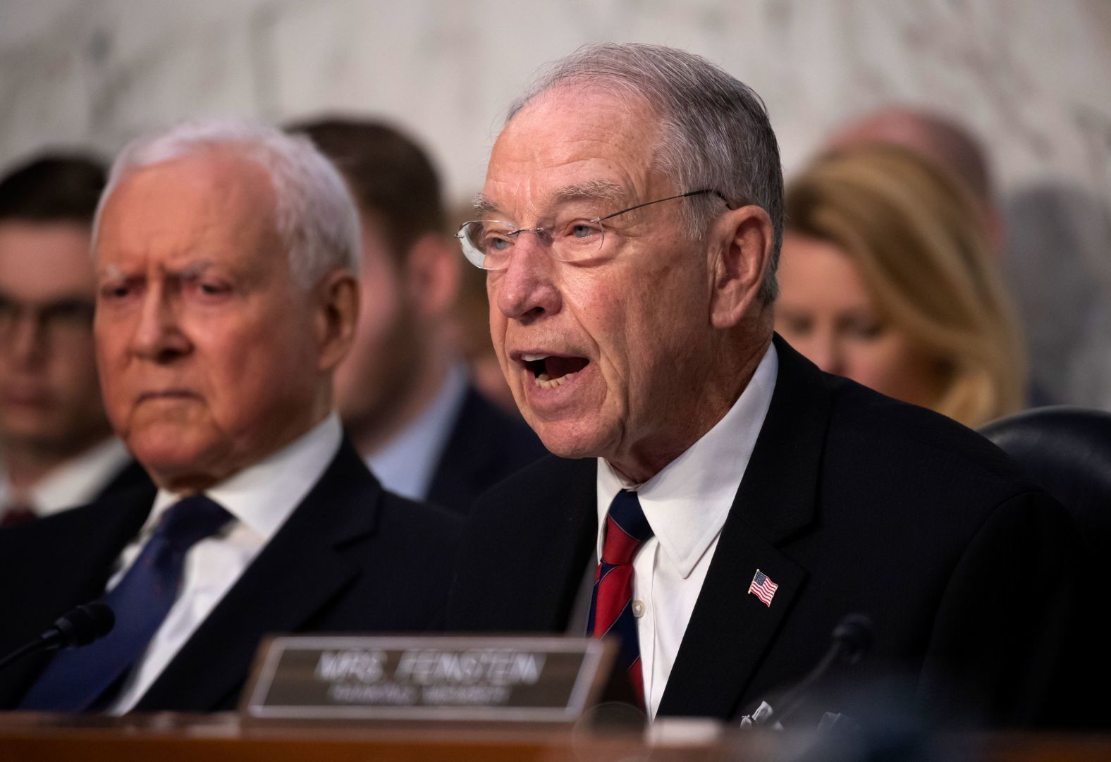 Sen. Chuck Grassley, the Republican chairman of the Senate Judiciary Committee, delivers his opening remarks Tuesday more than an hour after the hearing began.