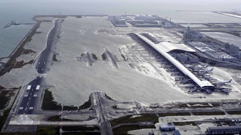 Kansai International Airport is partly inundated following a powerful typhoon in Izumisano, in Japan's Osaka prefecture.