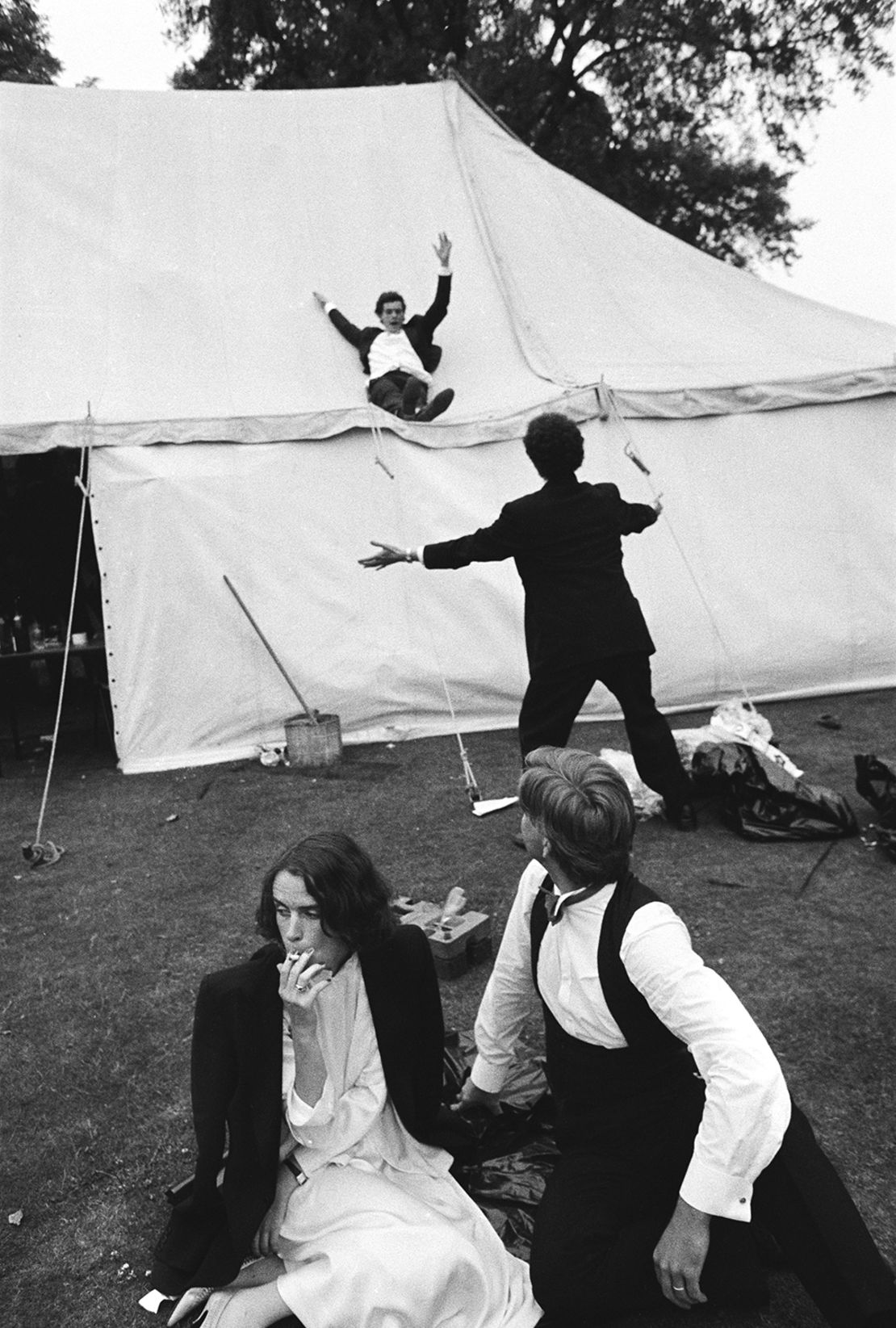 Sliding down the marquee during the New College May Ball, Oxford, 1983.