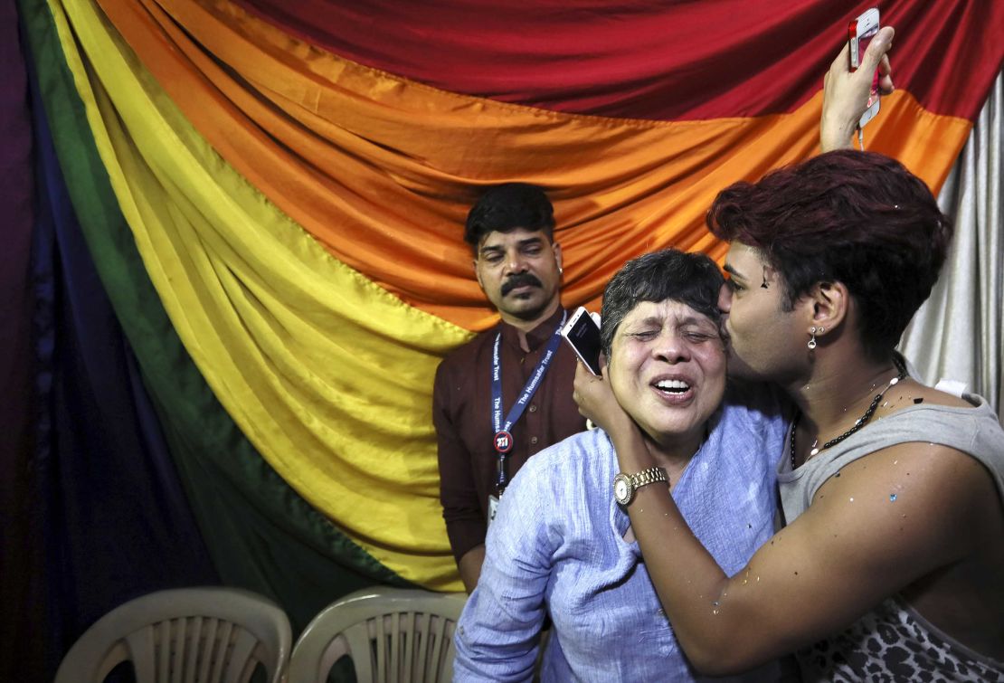 Indian LGBT activists in Mumbai react to the news that the Supreme Court has struck down Section 377.