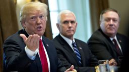 President Donald Trump speaks as Vice President Mike Pence, center, and Mike Pompeo, U.S. secretary of state, listen during a meeting with Jens Stoltenberg, secretary general of the North Atlantic Treaty Organization (NATO), not pictured, in the Cabinet Room of the White House  May 17, 2018 in Washington, DC. (Andrew Harrer-Pool/Getty Images)