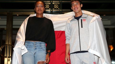 Men's singles semifinalist Kei Nishikori and women's singles semifinalist Naomi Osaka, both of Japan pose for a portrait following their quarterfinal matches on day 10 of the US Open.