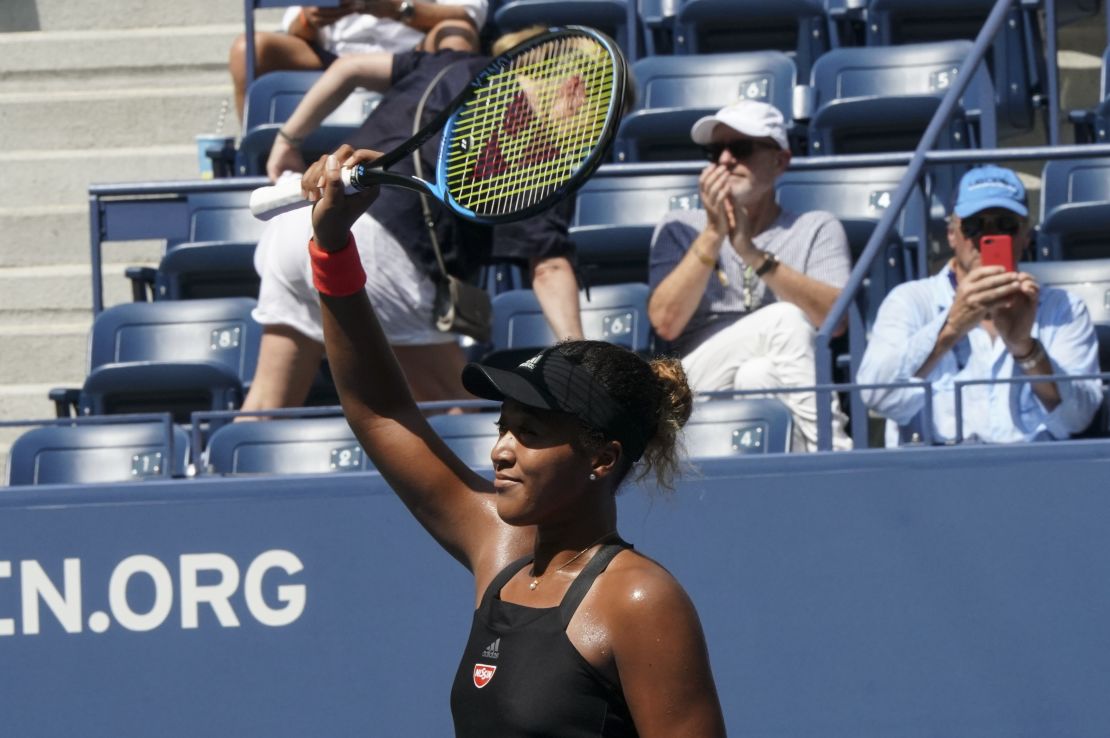 Osaka celebrates victory over Lesia Tsurenko at the Billie Jean King National Tennis Center.