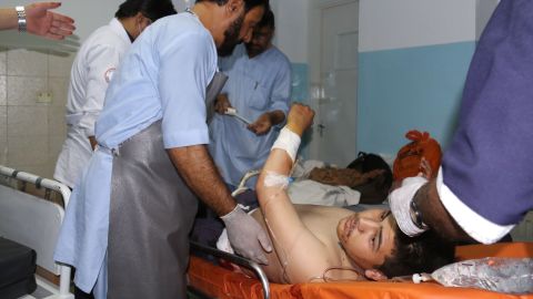 An Afghan victim receives medical treatment at a hospital following twin blasts in Kabul on September 5, 2018.