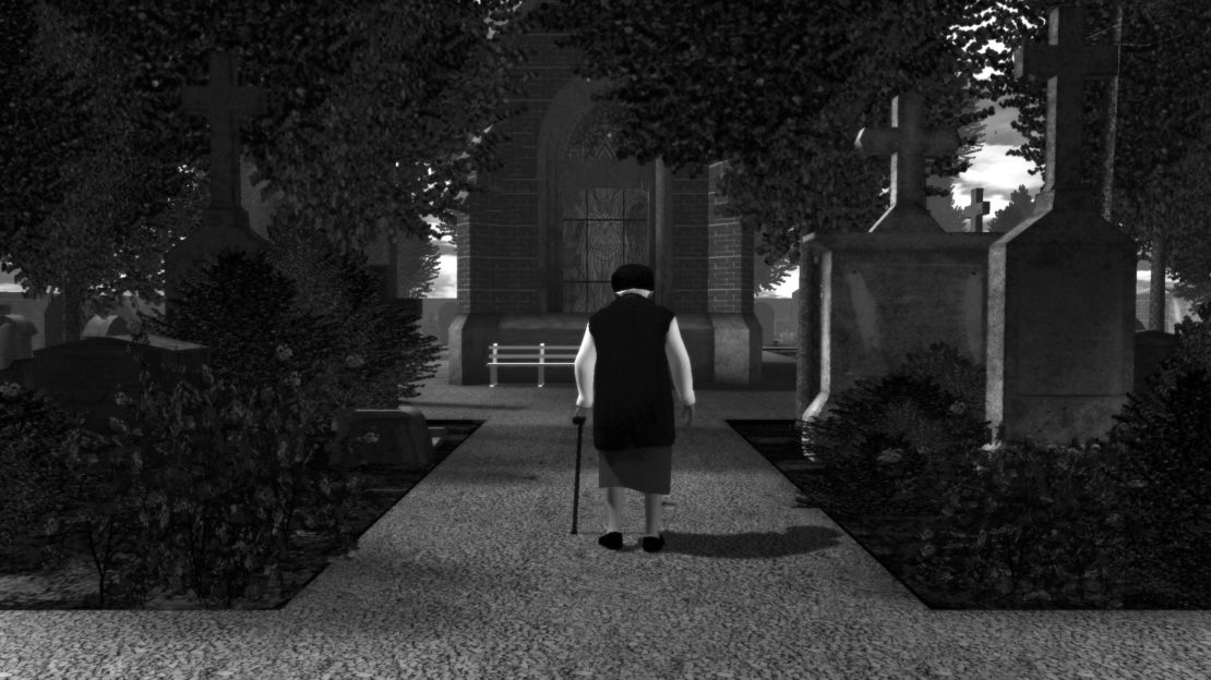 An image from "The Graveyard," a game in which players control an elderly woman in a cemetery.