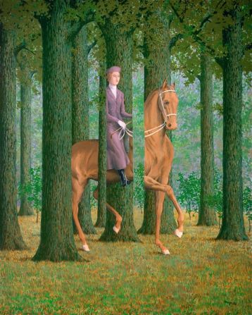 Among the items on exhibit is "Le blanc seing," a 1965 Magritte surrealist painting of a woman riding a horse in a forest.