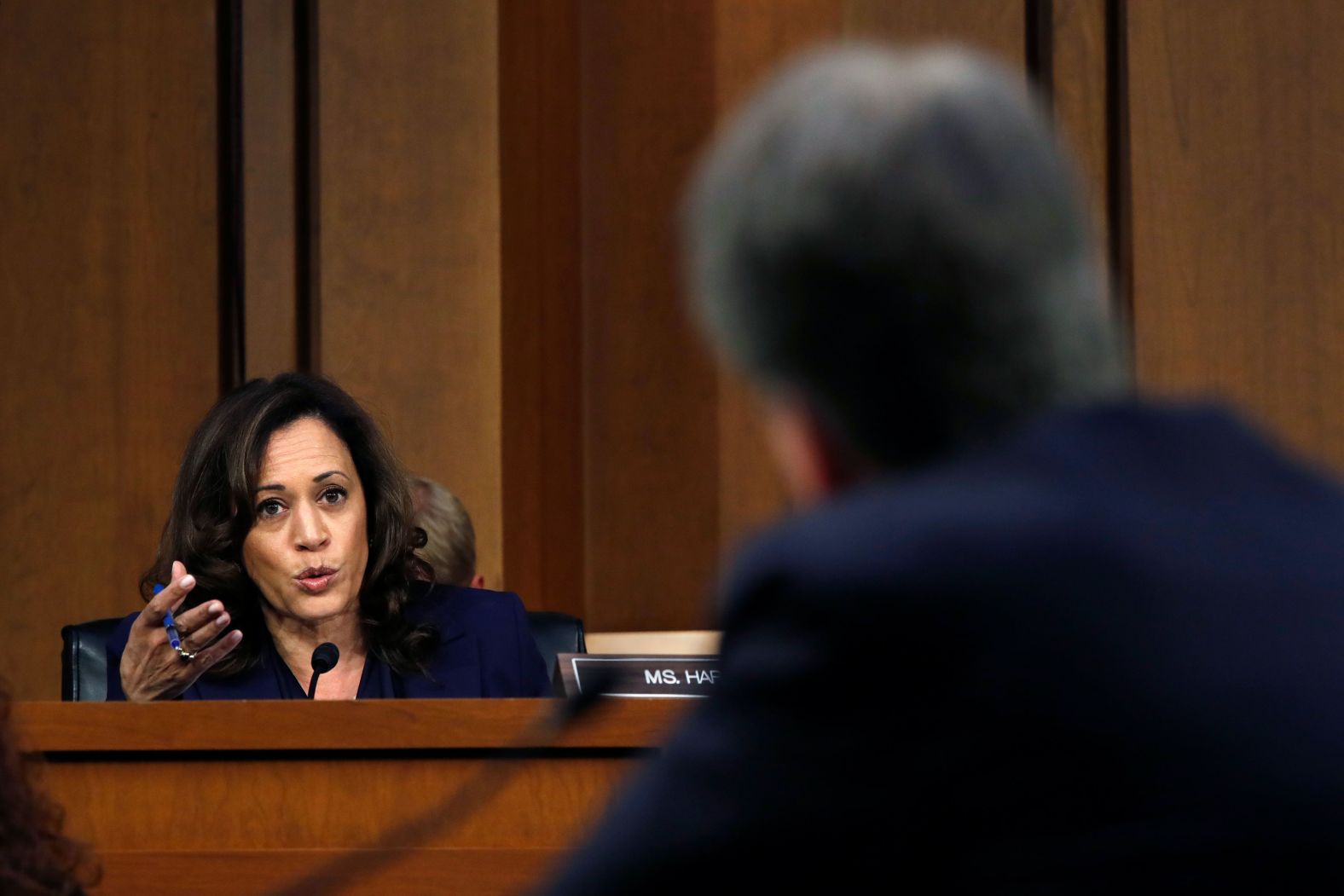 Sen. Kamala Harris questions Kavanaugh on Wednesday. <a href="index.php?page=&url=https%3A%2F%2Fwww.cnn.com%2F2018%2F09%2F06%2Fpolitics%2Fkamala-harris-brett-kavanaugh-hearing%2Findex.html" target="_blank">The Democrat pressed Kavanaugh</a> about whether he had discussed special counsel Robert Mueller's investigation with anyone. After answering "with other judges I know," Kavanaugh was asked if he had discussed the probe with anyone who works at Kasowitz Benson Torres, the New York law firm founded by President Donald Trump's personal attorney Marc Kasowitz. Kavanaugh replied that he's unsure he knows everyone who works at that law firm and asked the senator if there was a specific person she was talking about.