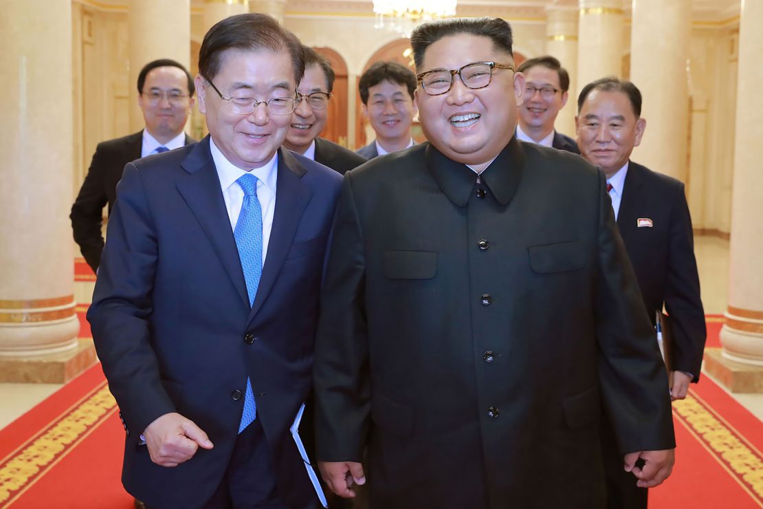 This picture from North Korea's official Korean Central News Agency (KCNA) taken on September 5, 2018 shows North Korean leader Kim Jong Un (R) meeting with South Korean president's special envoy Chung Eui-yong (L) in Pyongyang. 