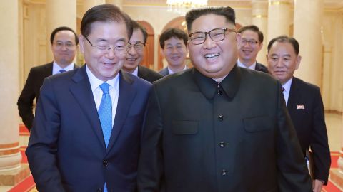 This picture from North Korea's official Korean Central News Agency (KCNA) taken on September 5, 2018 shows North Korean leader Kim Jong Un (R) meeting with South Korean president's special envoy Chung Eui-yong (L) in Pyongyang. 