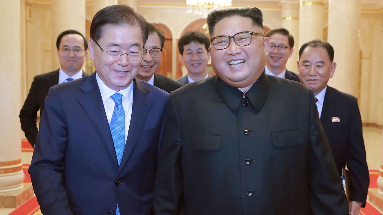 This picture from North Korea's official Korean Central News Agency (KCNA) taken on September 5, 2018 shows North Korean leader Kim Jong Un (R) meeting with South Korean president's special envoy Chung Eui-yong (L) in Pyongyang.